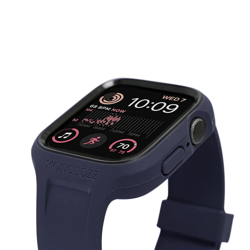 MONOCOZZI ESSENTIALS Hybrid Soft Plastic Case with Strap for Apple Watch 45/44mm (Navy)