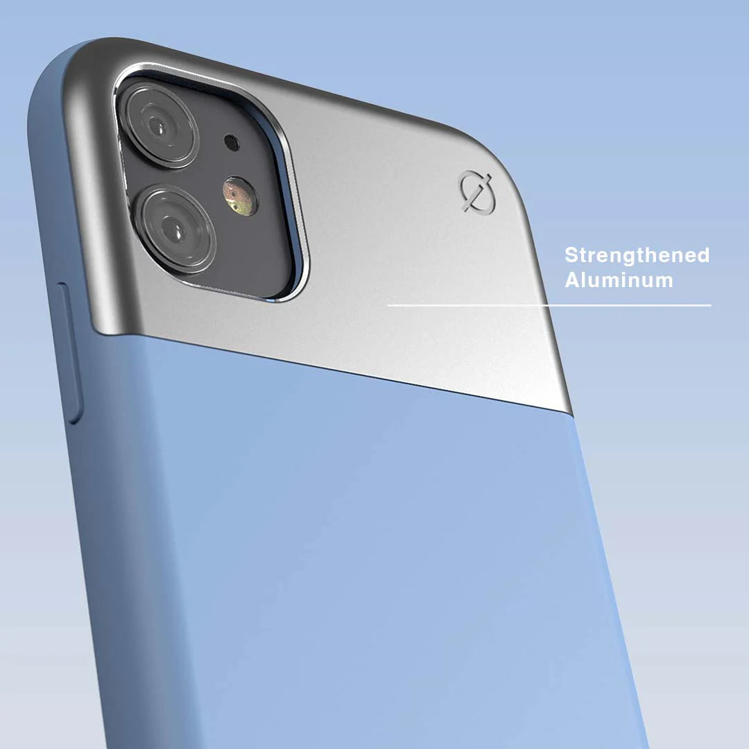 ATOM STUDIOS Split Silicone Case - iPhone 11 (Silver Aluminium + Hydrogen Blue Silicone)