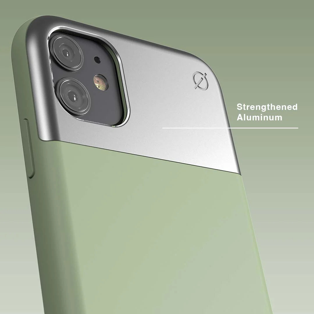 ATOM STUDIOS Split Silicone iPhone 11 case (Silver Aluminium + Chlorine Green Silicone)