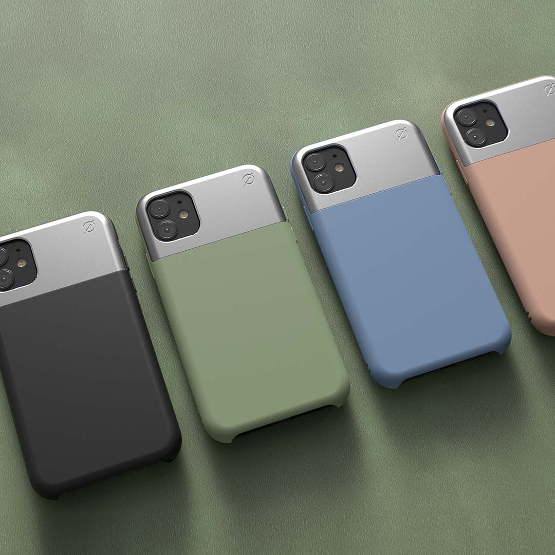 ATOM STUDIOS Split Silicone iPhone 11 case (Silver Aluminium + Chlorine Green Silicone)