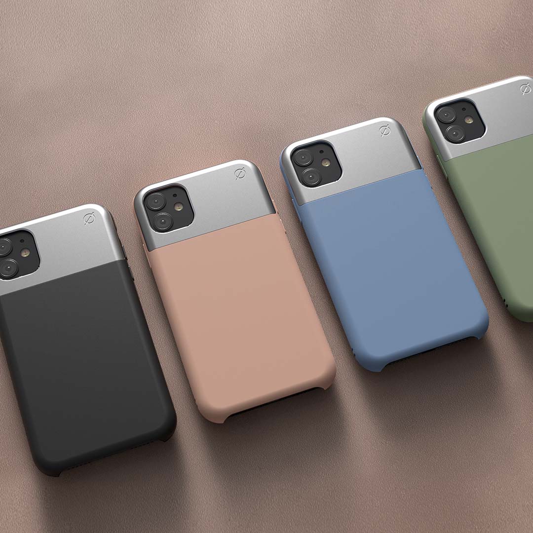 ATOM STUDIOS Split Silicone iPhone 11 case (Silver Aluminium + Erbium Pink Silicone)