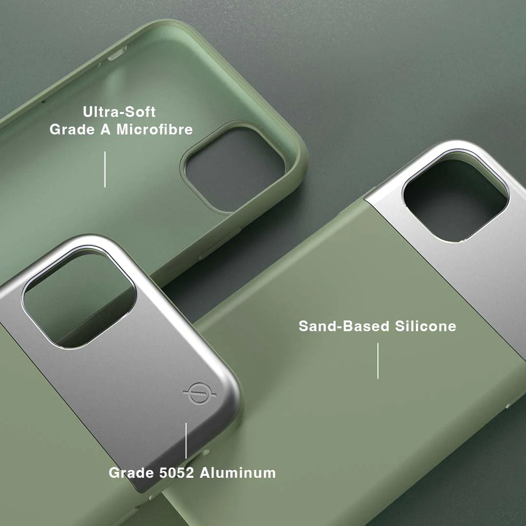 ATOM STUDIOS Split Silicone iPhone 11 case (Silver Aluminium + Chlorine Green Silicone)