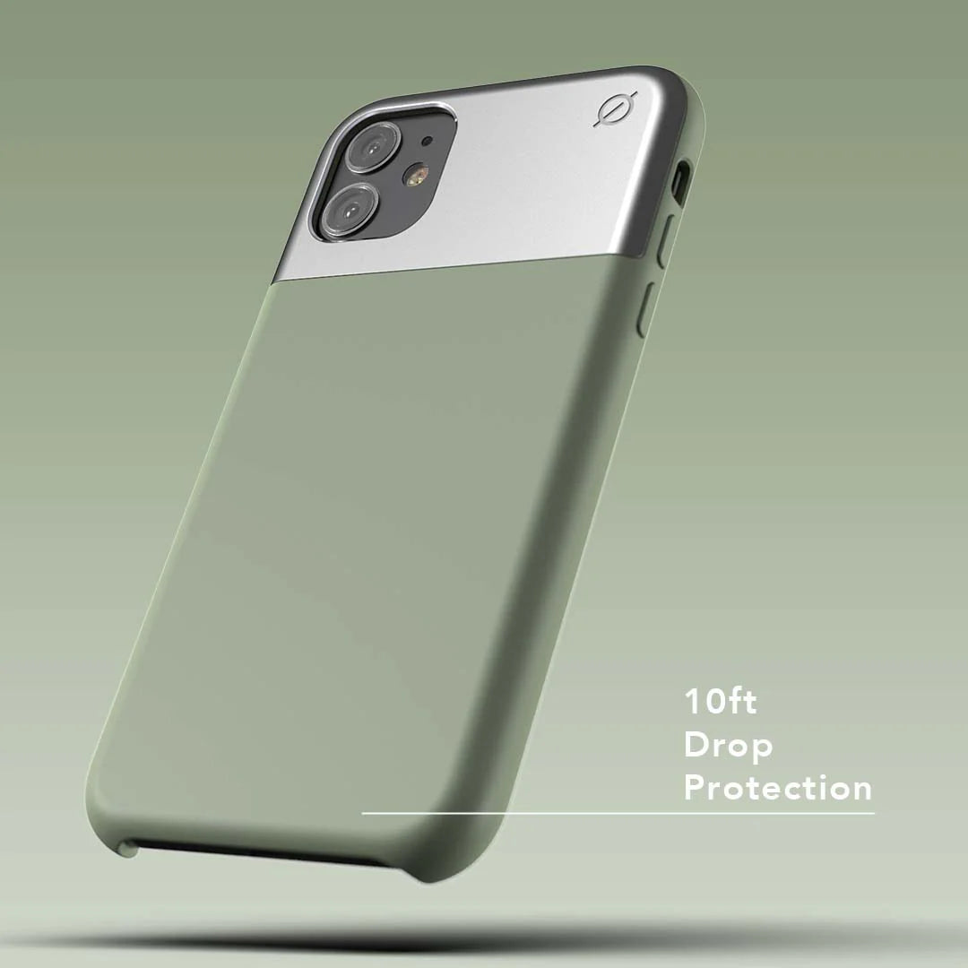 ATOM STUDIOS Split Silicone iPhone 11 case (Silver Aluminium + Chlorine Green Silicone)