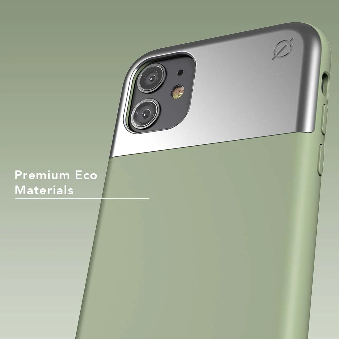 ATOM STUDIOS Split Silicone iPhone 11 case (Silver Aluminium + Chlorine Green Silicone)