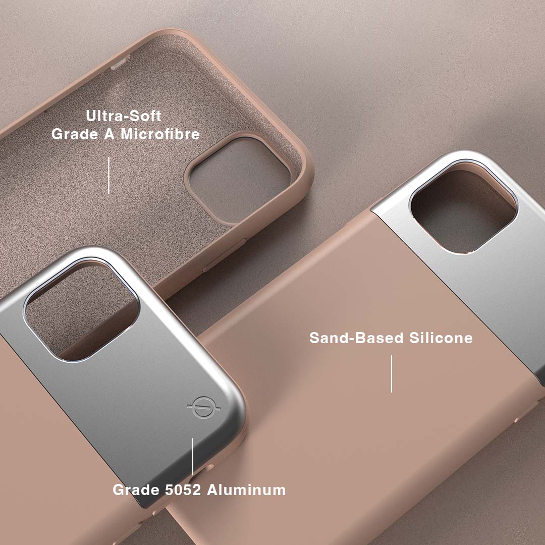 ATOM STUDIOS Split Silicone iPhone 11 case (Silver Aluminium + Erbium Pink Silicone)