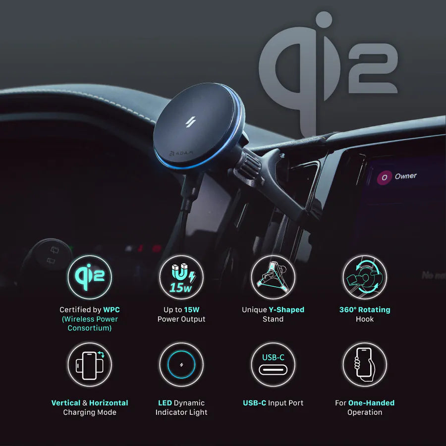 ADAM ELEMENTS CQ2 Qi2 Magnetic Charging Car Mount (Black)