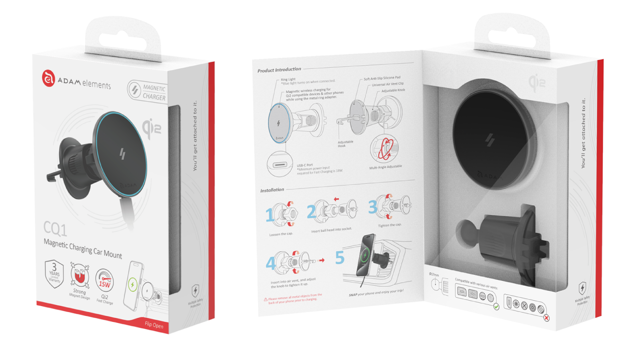 ADAM ELEMENTS CQ1 Qi2 Magnetic Charging Car Mount (Black)