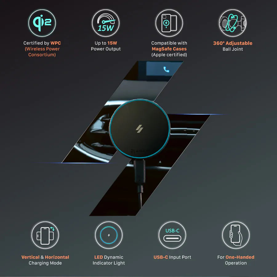 ADAM ELEMENTS CQ1 Qi2 Magnetic Charging Car Mount (Black)