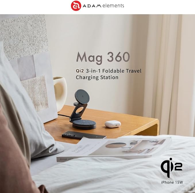 ADAM ELEMENTS Mag 360 Qi2 3-in-1 Foldable Travel Charging Station (Grey)
