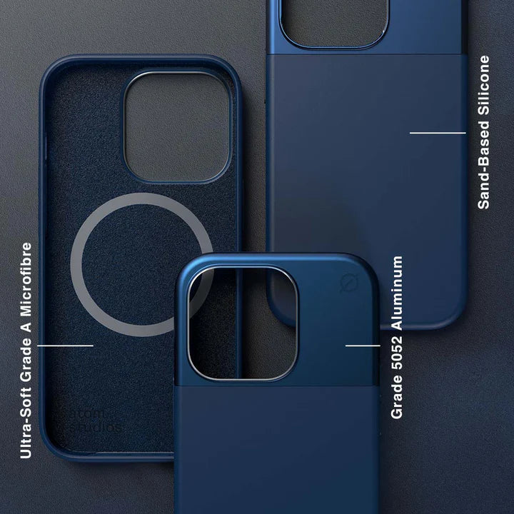 ATOM STUDIOS MagSafe Split Silicone iPhone 14 Pro case (Ink Blue Aluminium + Ink Blue Silicone)